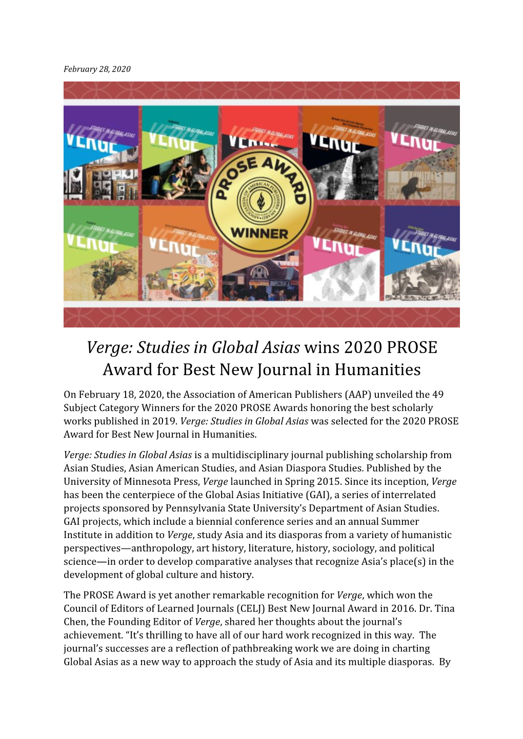 Verge: Studies in Global Asias Wins 2020 PROSE Award for Best New Journal in Humanities