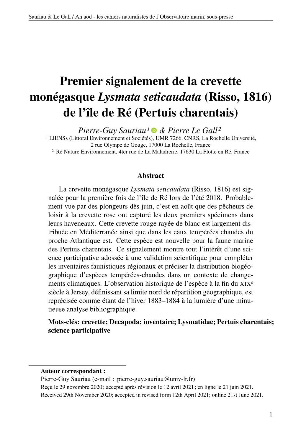 Premier Signalement De La Crevette Monégasque Lysmata Seticaudata