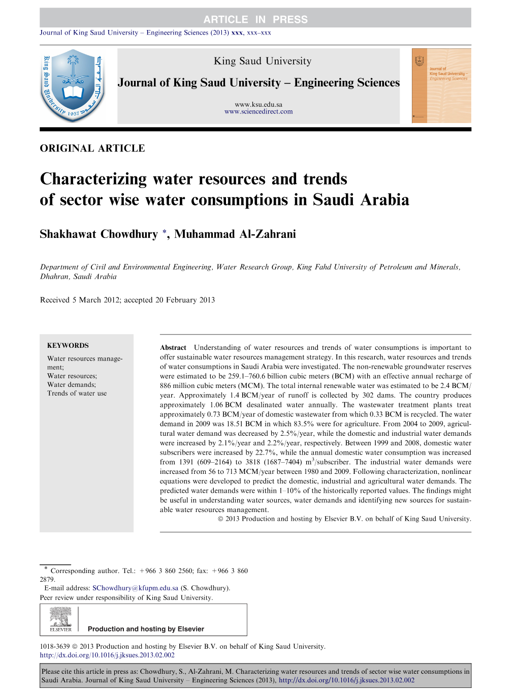 Characterizing Water Resources and Trends of Sector Wise Water Consumptions in Saudi Arabia