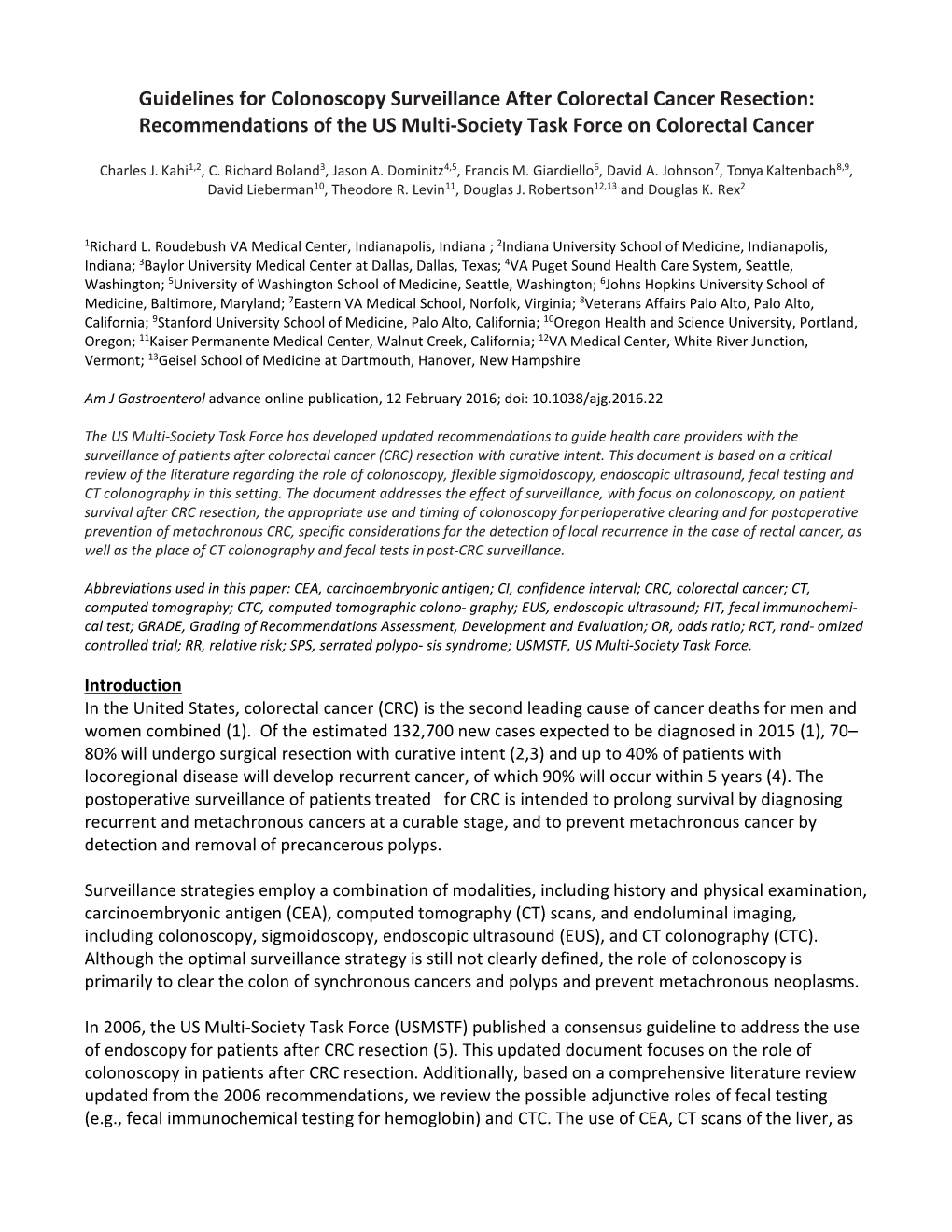 Guidelines for Colonoscopy Surveillance After Colorectal Cancer Resection: Recommendations of the US Multi-Society Task Force on Colorectal Cancer