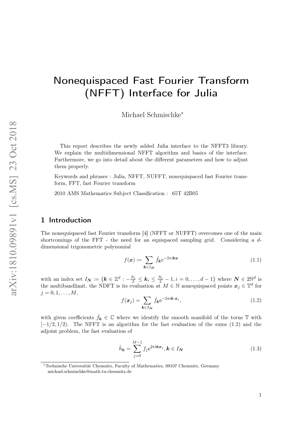 Nonequispaced Fast Fourier Transform (NFFT) Interface for Julia