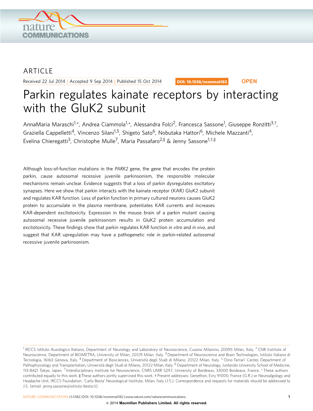 Parkin Regulates Kainate Receptors by Interacting with the Gluk2 Subunit