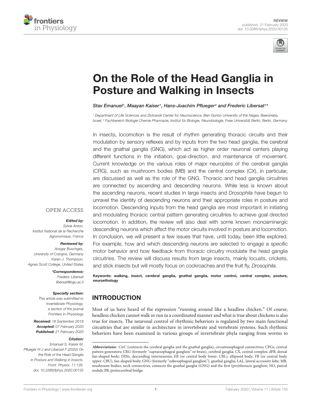 On the Role of the Head Ganglia in Posture and Walking in Insects