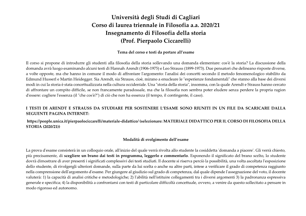 Università Degli Studi Di Cagliari Corso Di Laurea Triennale in Filosofia A.A