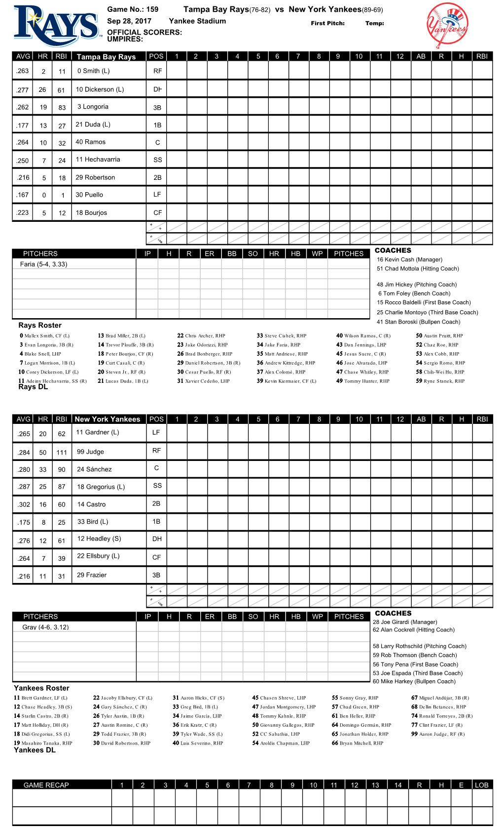 Tampa Bay Rays(76-82) Vs New York Yankees(89-69)