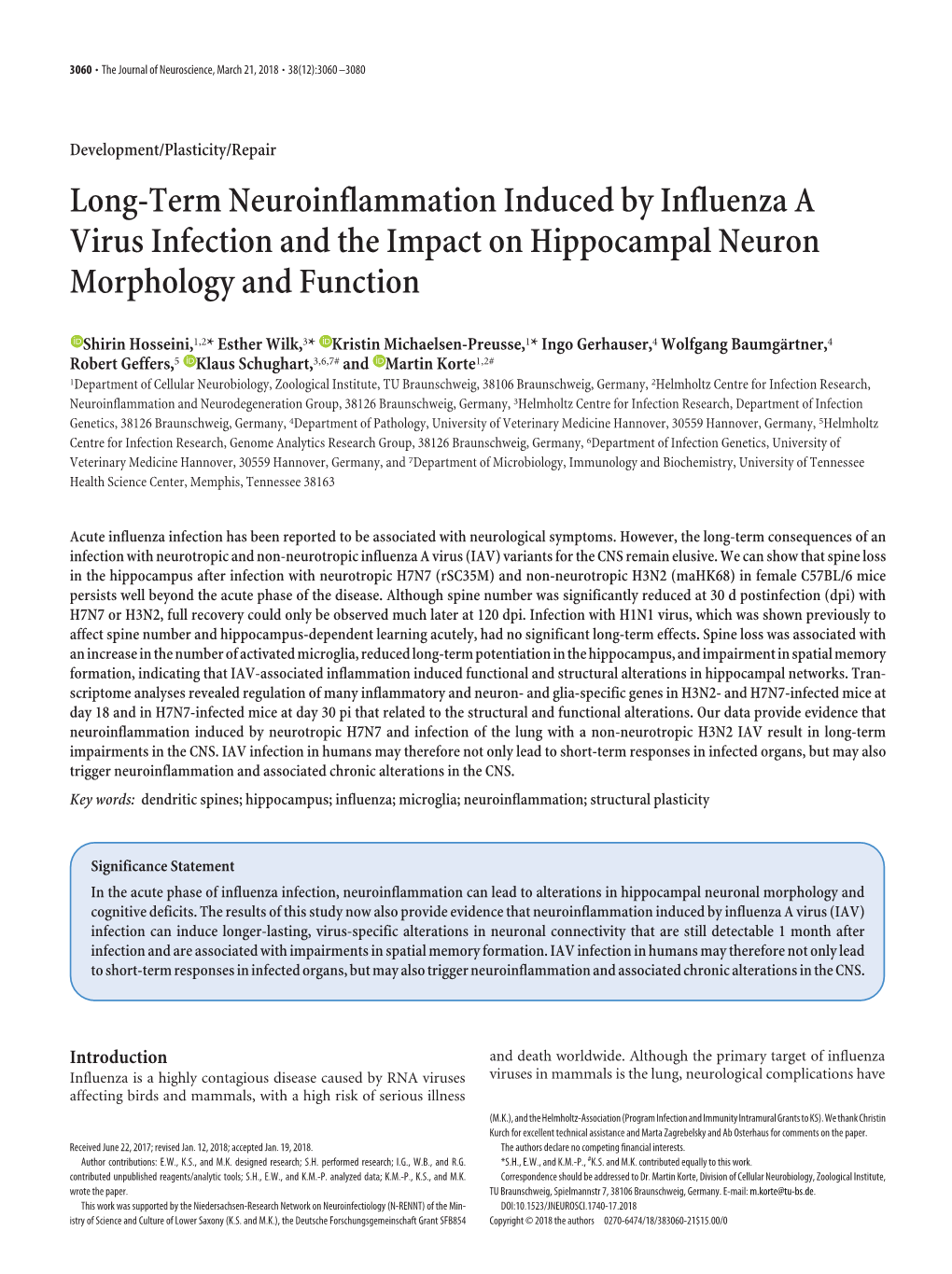 Long-Term Neuroinflammation Induced by Influenza a Virus Infection and the Impact on Hippocampal Neuron Morphology and Function