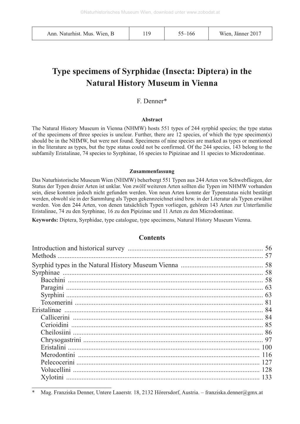 Type Specimens of Syrphidae (Insecta: Diptera) in the Natural History Museum in Vienna