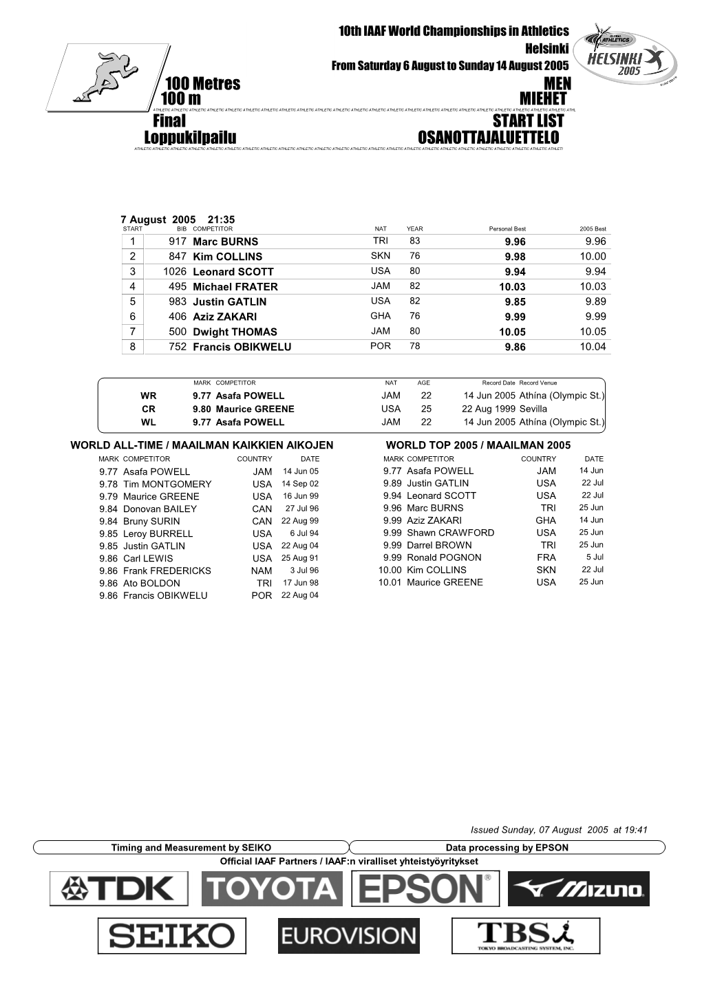 Final START LIST 100 Metres MEN Loppukilpailu