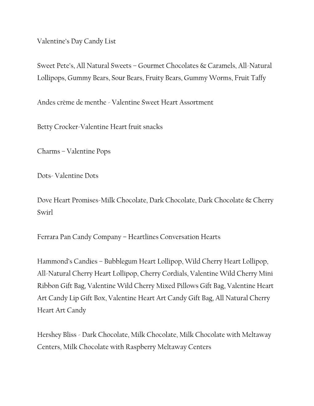 Valentine's Day Candy List Sweet Pete's, All