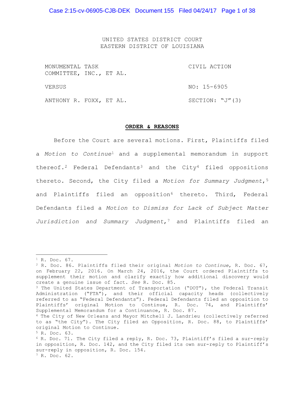 Case 2:15-Cv-06905-CJB-DEK Document 155 Filed 04/24/17 Page 1 of 38