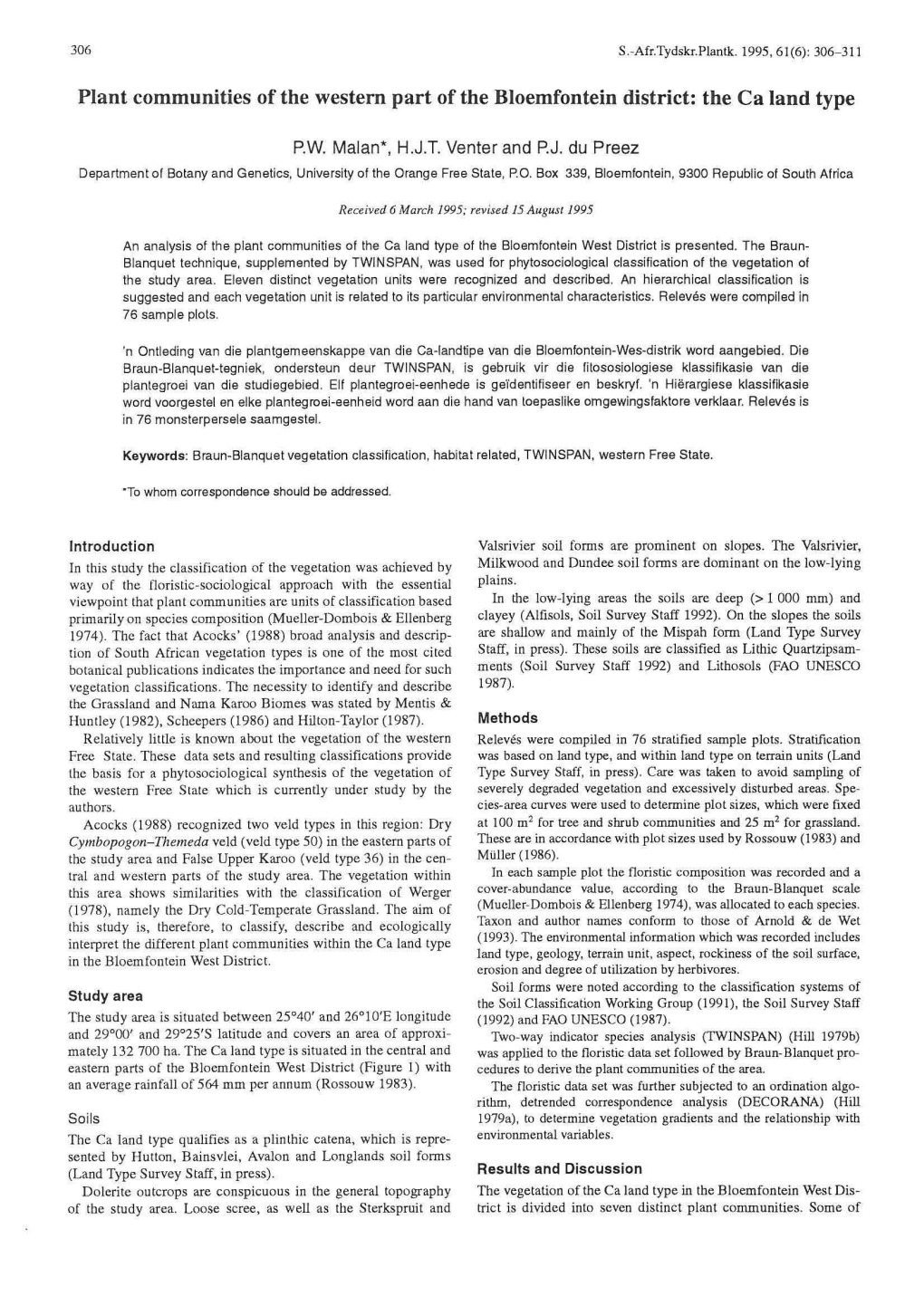 Plant Communities of the Western Part of the Bloemfontein District: the Ca Land Type