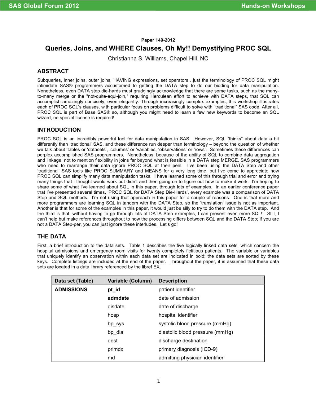 Demystifying PROC SQL Christianna S