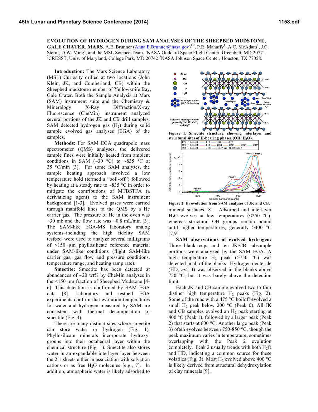 Evolution of Hydrogen During Sam Analyses of the Sheepbed Mudstone, Gale Crater, Mars