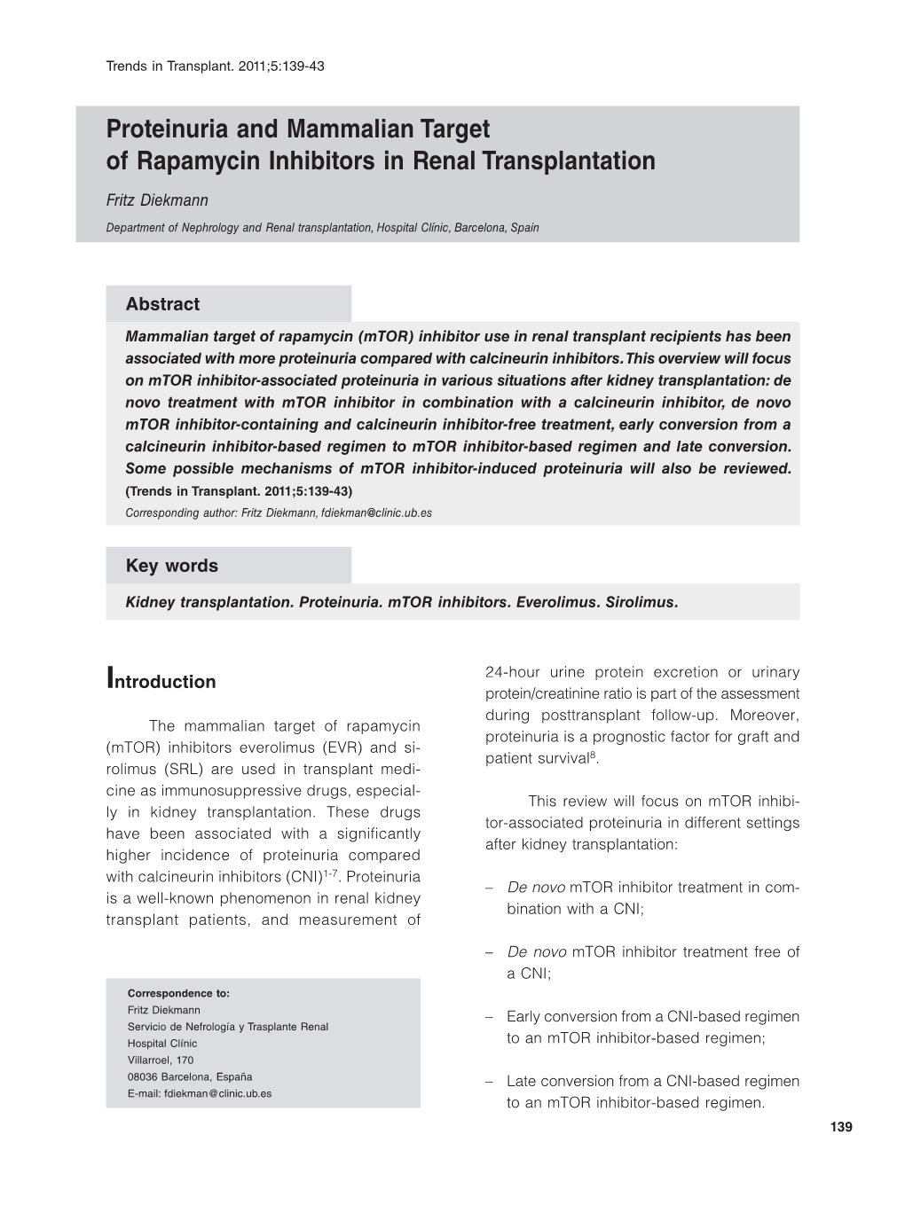 Proteinuria and Mammalian Target of Rapamycin Inhibitors in Renal Transplantation