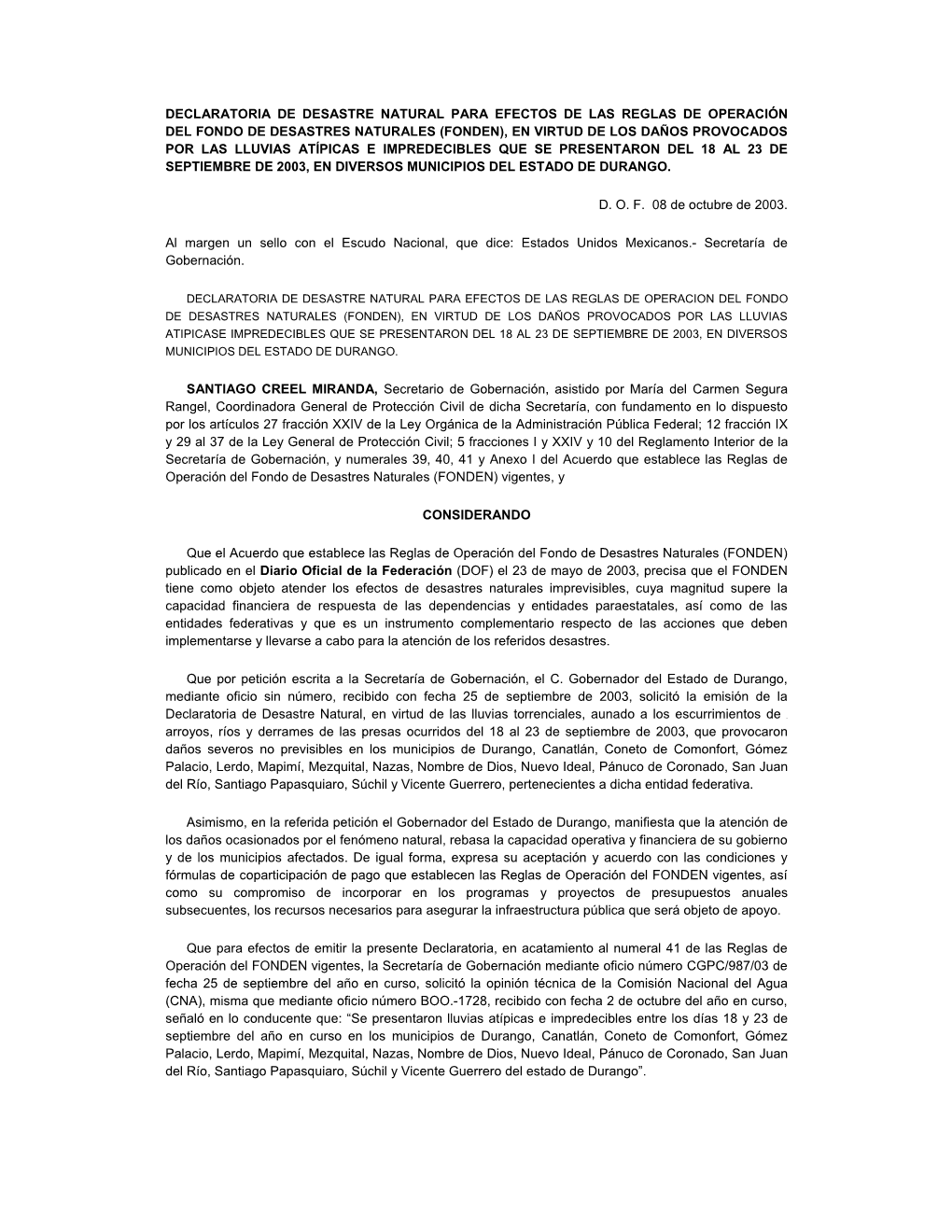 Declaratoria De Desastre Natural Para Efectos De Las Reglas De Operación