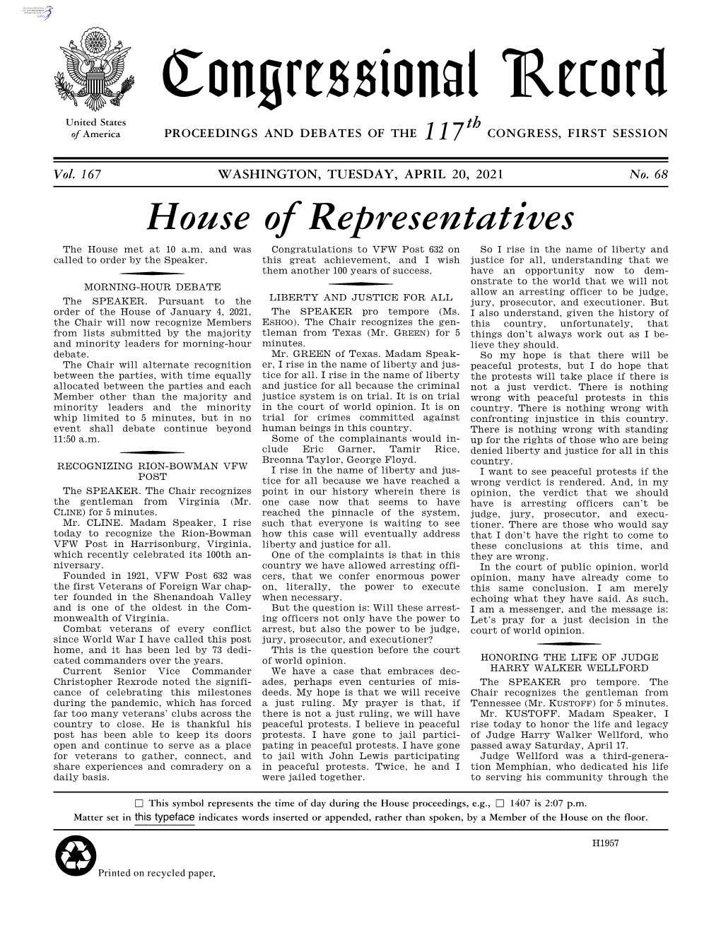 Congressional Record United States Th of America PROCEEDINGS and DEBATES of the 117 CONGRESS, FIRST SESSION