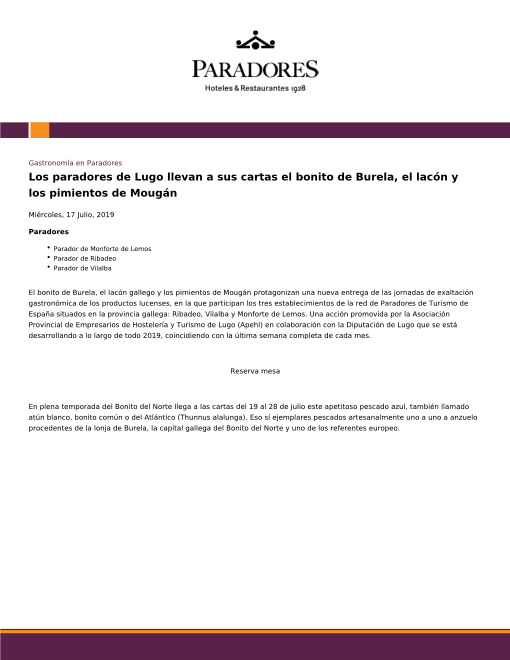 Los Paradores De Lugo Llevan a Sus Cartas El Bonito De Burela, El Lacón Y Los Pimientos De Mougán