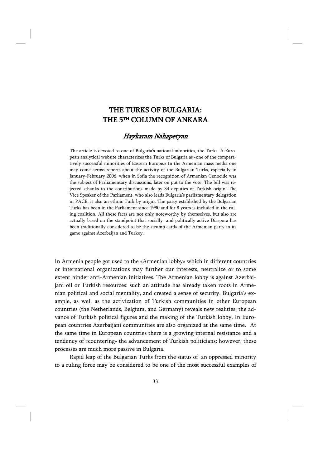 The Turks of Bulgaria: the 5Th Column of Ankara