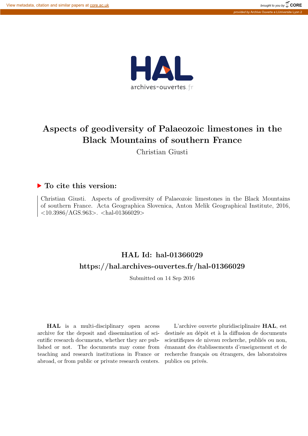 Aspects of Geodiversity of Palaeozoic Limestones in the Black Mountains of Southern France Christian Giusti