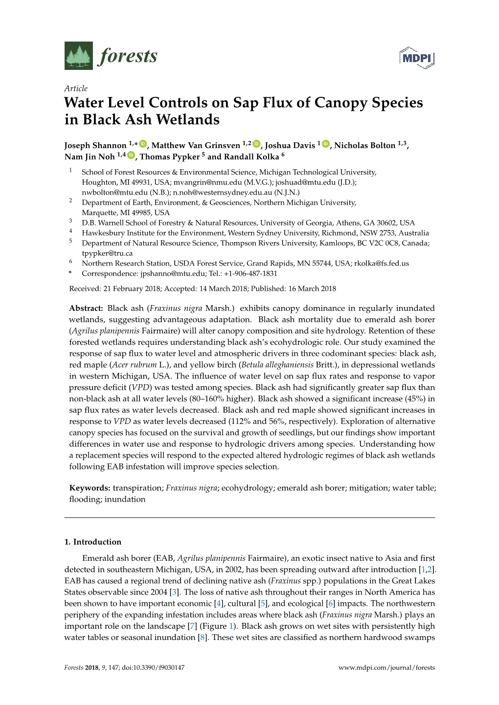 Water Level Controls on Sap Flux of Canopy Species in Black Ash Wetlands