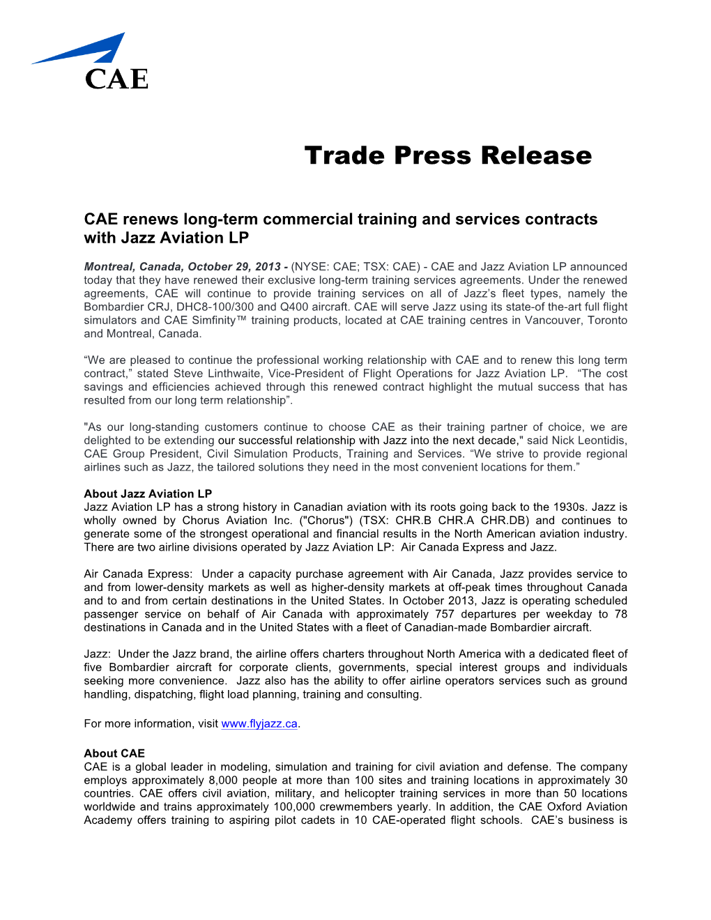 Trade Press Release