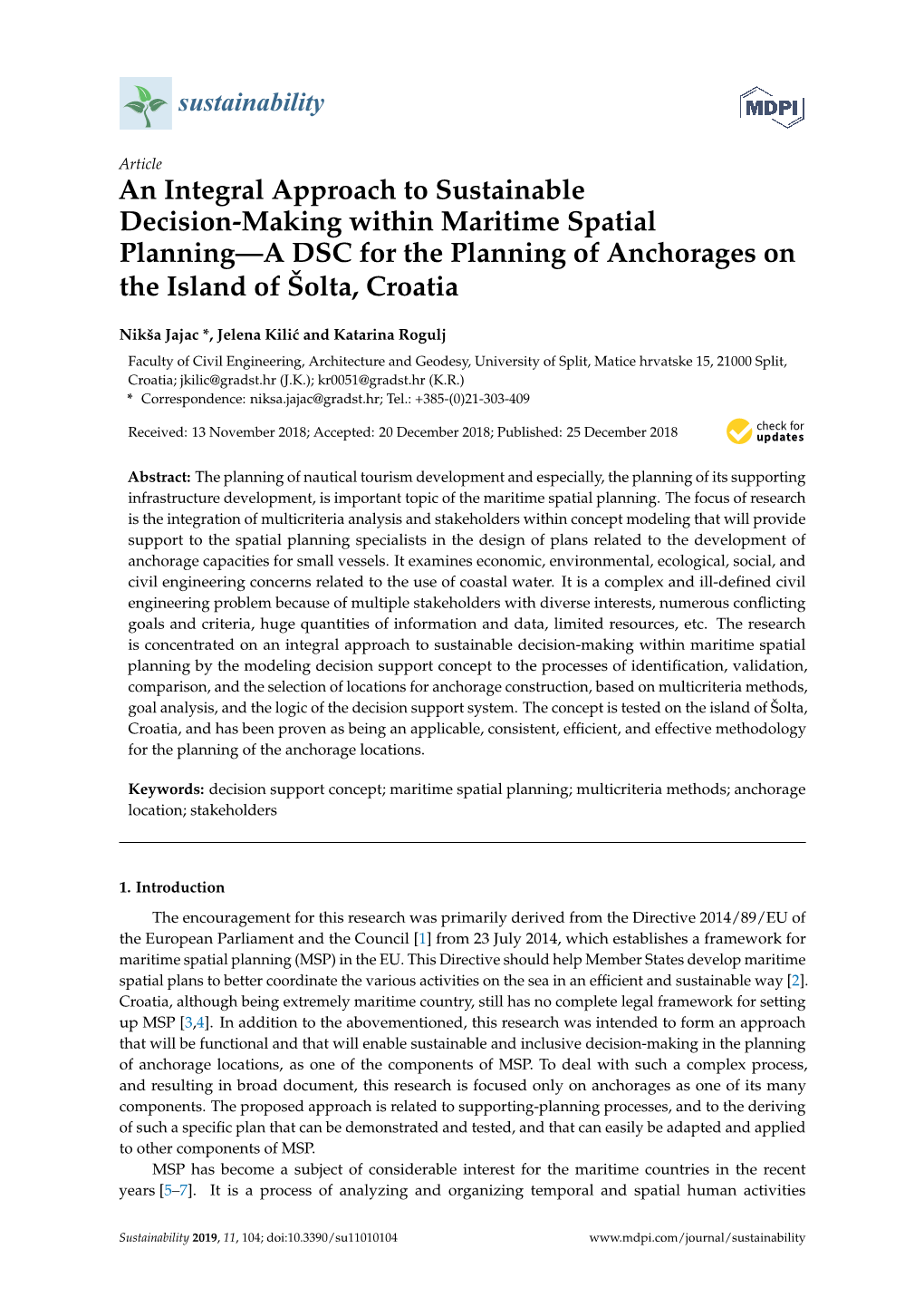 An Integral Approach to Sustainable Decision-Making Within Maritime Spatial Planning—A DSC for the Planning of Anchorages on the Island of Šolta, Croatia