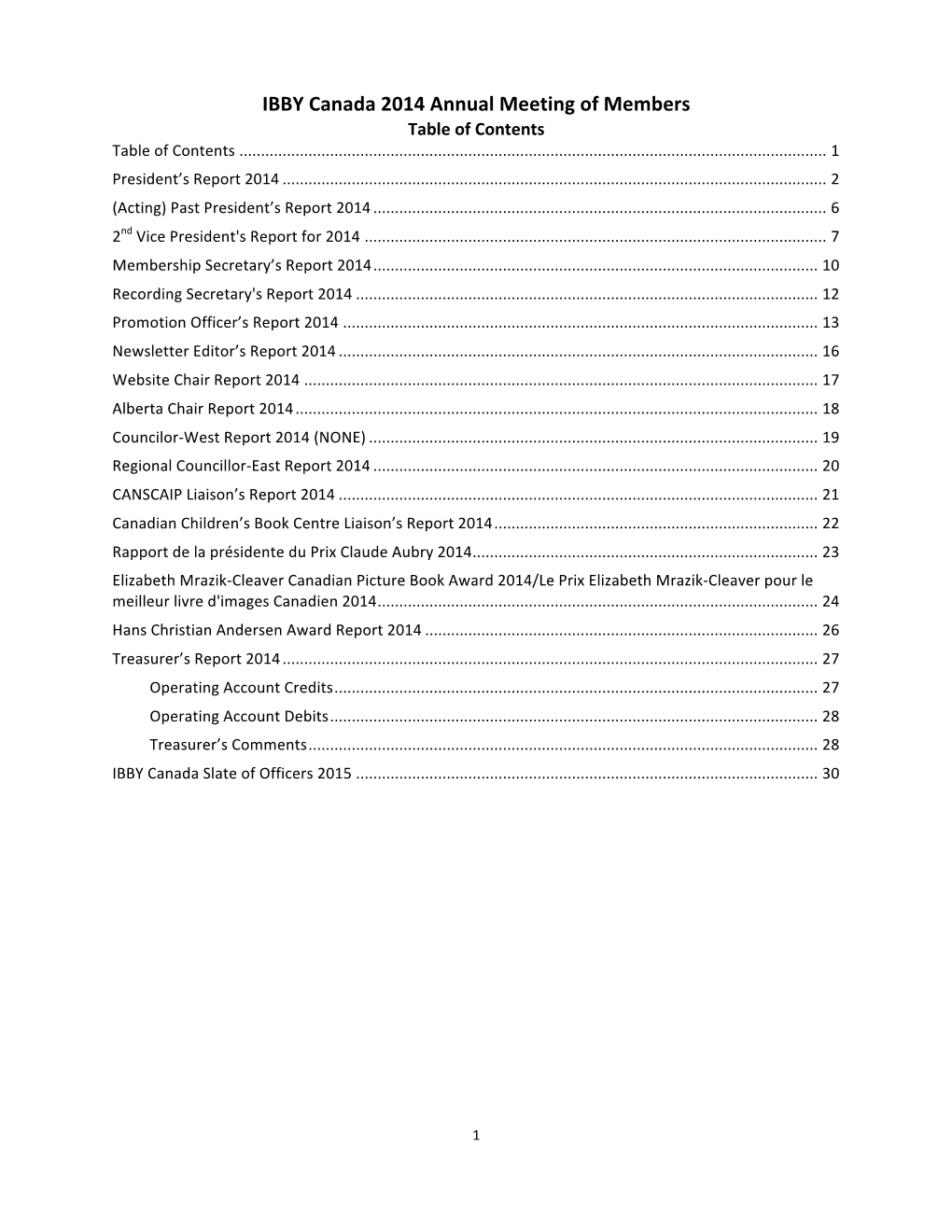 IBBY Canada 2014 Annual Meeting of Members Table of Contents Table of Contents