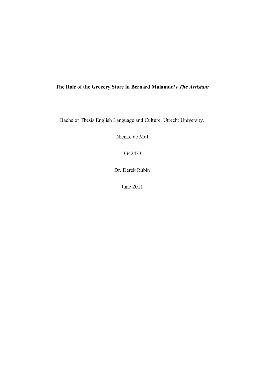 The Role of the Grocery Store in Bernard Malamud's the Assistant