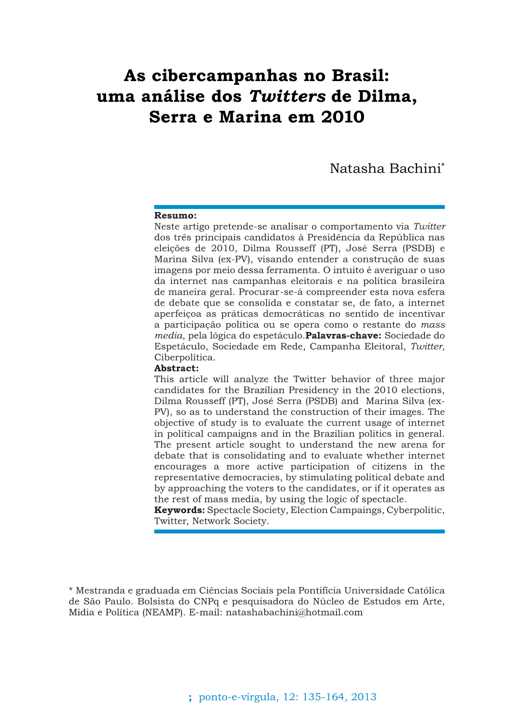 Uma Análise Dos Twitters De Dilma, Serra E Marina Em 2010