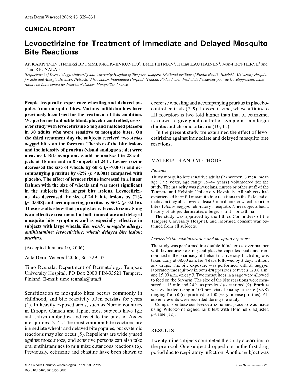 Levocetirizine for Treatment of Immediate and Delayed Mosquito Bite Reactions