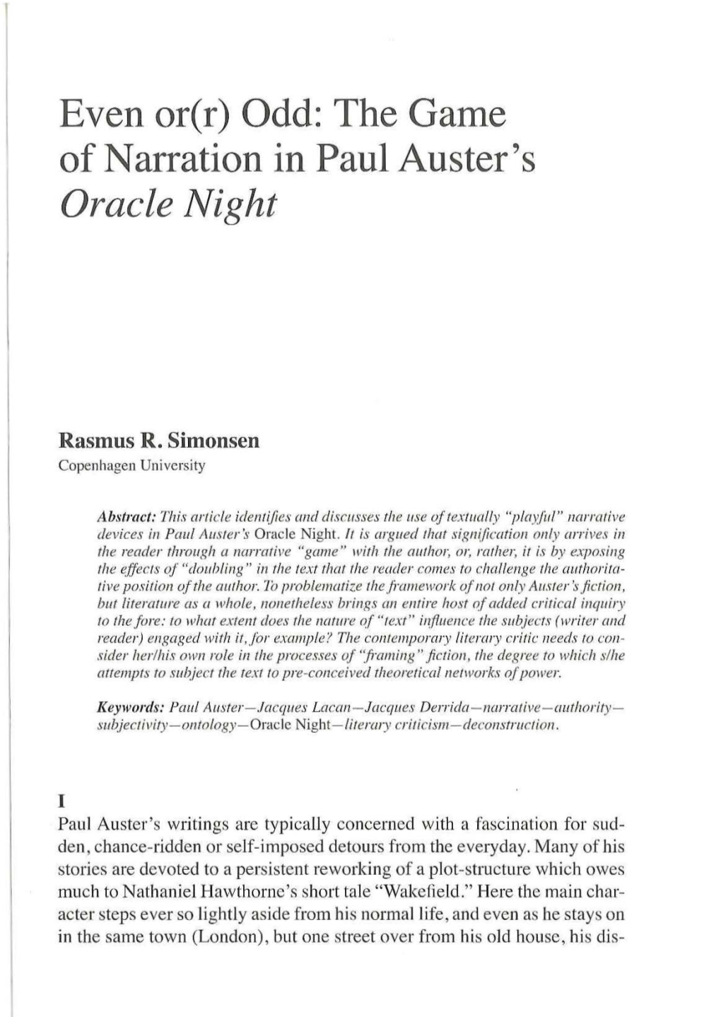The Game of Narration in Paul Auster's Oracle Night