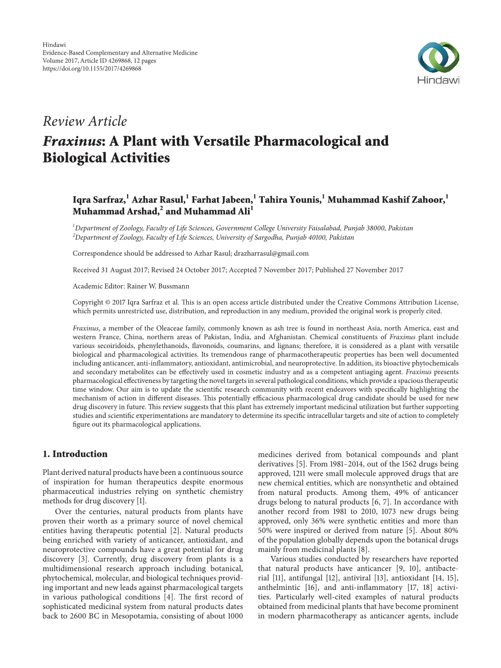 Fraxinus: a Plant with Versatile Pharmacological and Biological Activities