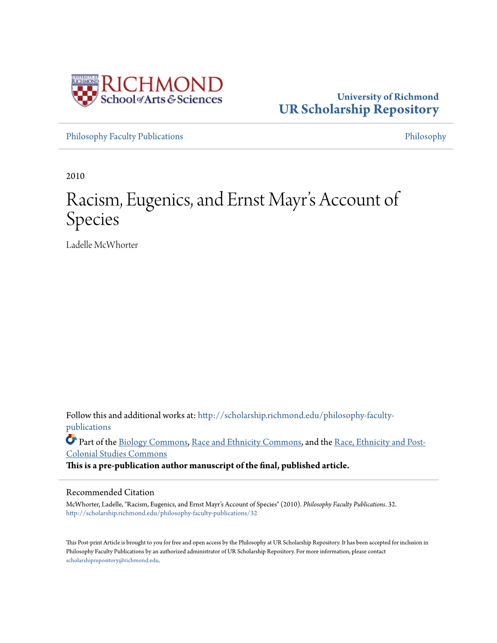 Racism, Eugenics, and Ernst Mayr's Account of Species