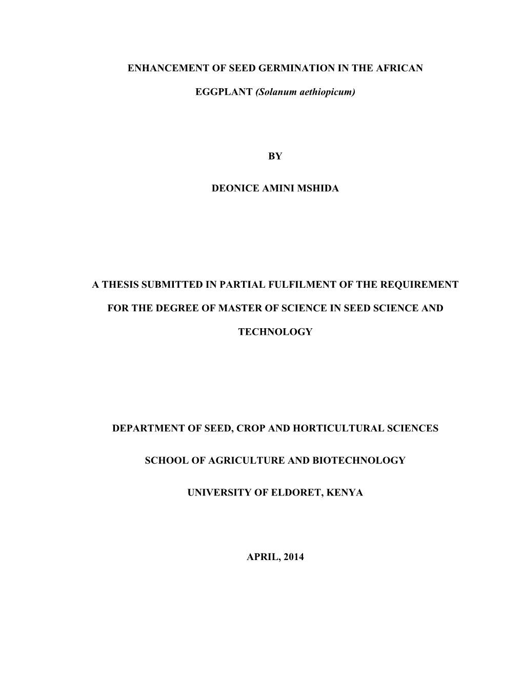 (Solanum Aethiopicum) by DEONICE AMINI MSHIDA a THESIS