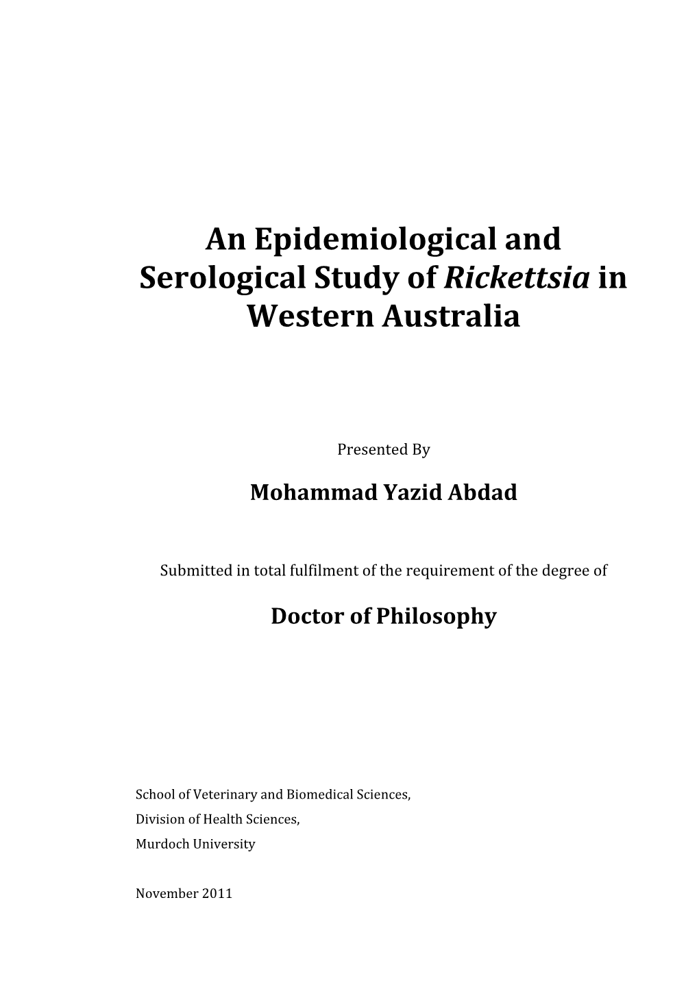 An Epidemiological and Serological Study of Rickettsia in Western Australia