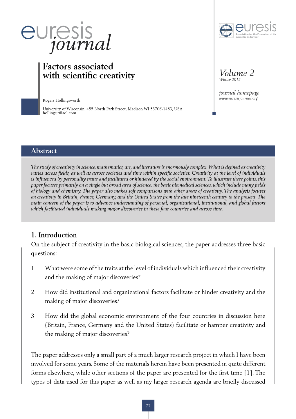 Factors Associated with Scientific Creativity Winter 2012