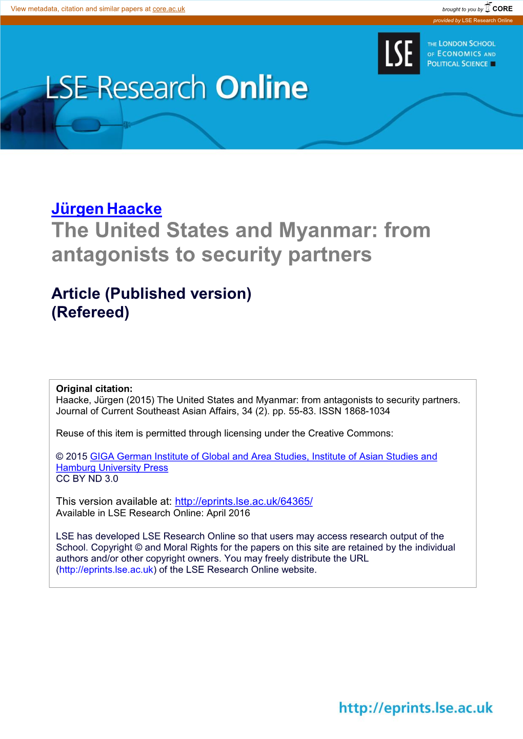 The United States and Myanmar: from Antagonists to Security Partners