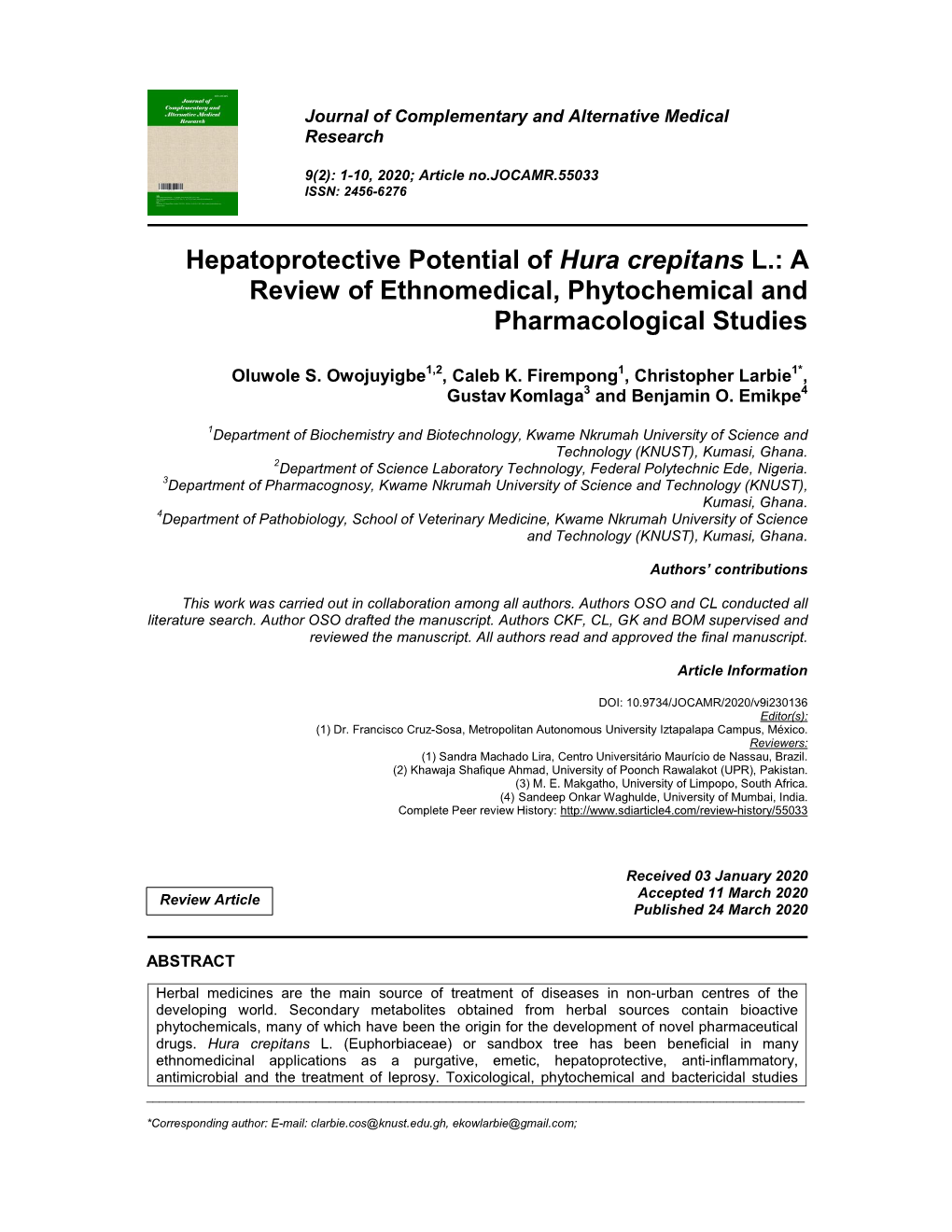 Hepatoprotective Potential of Hura Crepitans L.: a Review of Ethnomedical, Phytochemical and Pharmacological Studies