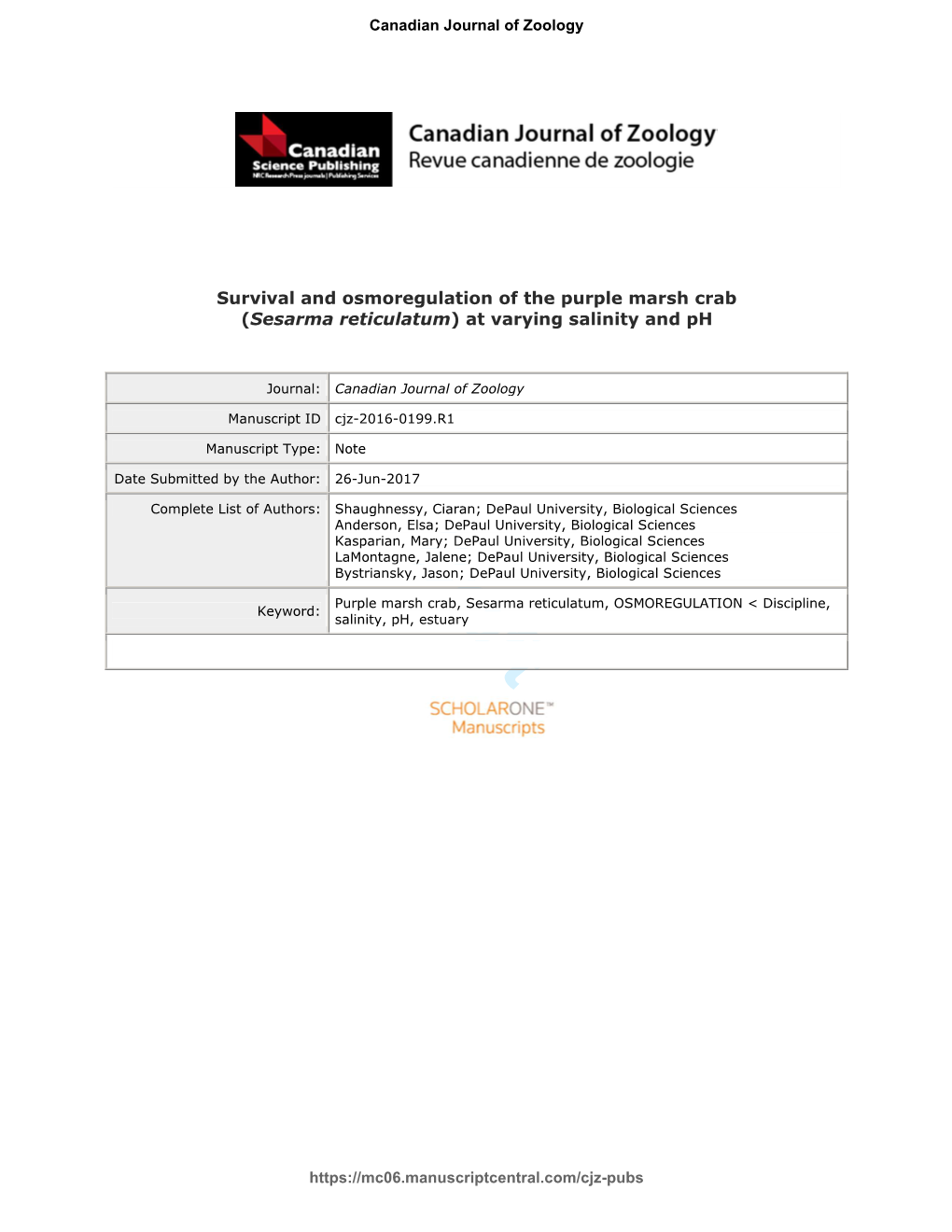 Survival and Osmoregulation of the Purple Marsh Crab (Sesarma Reticulatum) at Varying Salinity and Ph