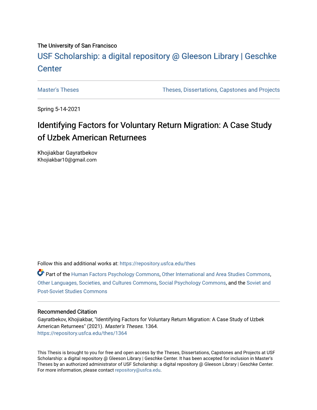 Identifying Factors for Voluntary Return Migration: a Case Study of Uzbek American Returnees