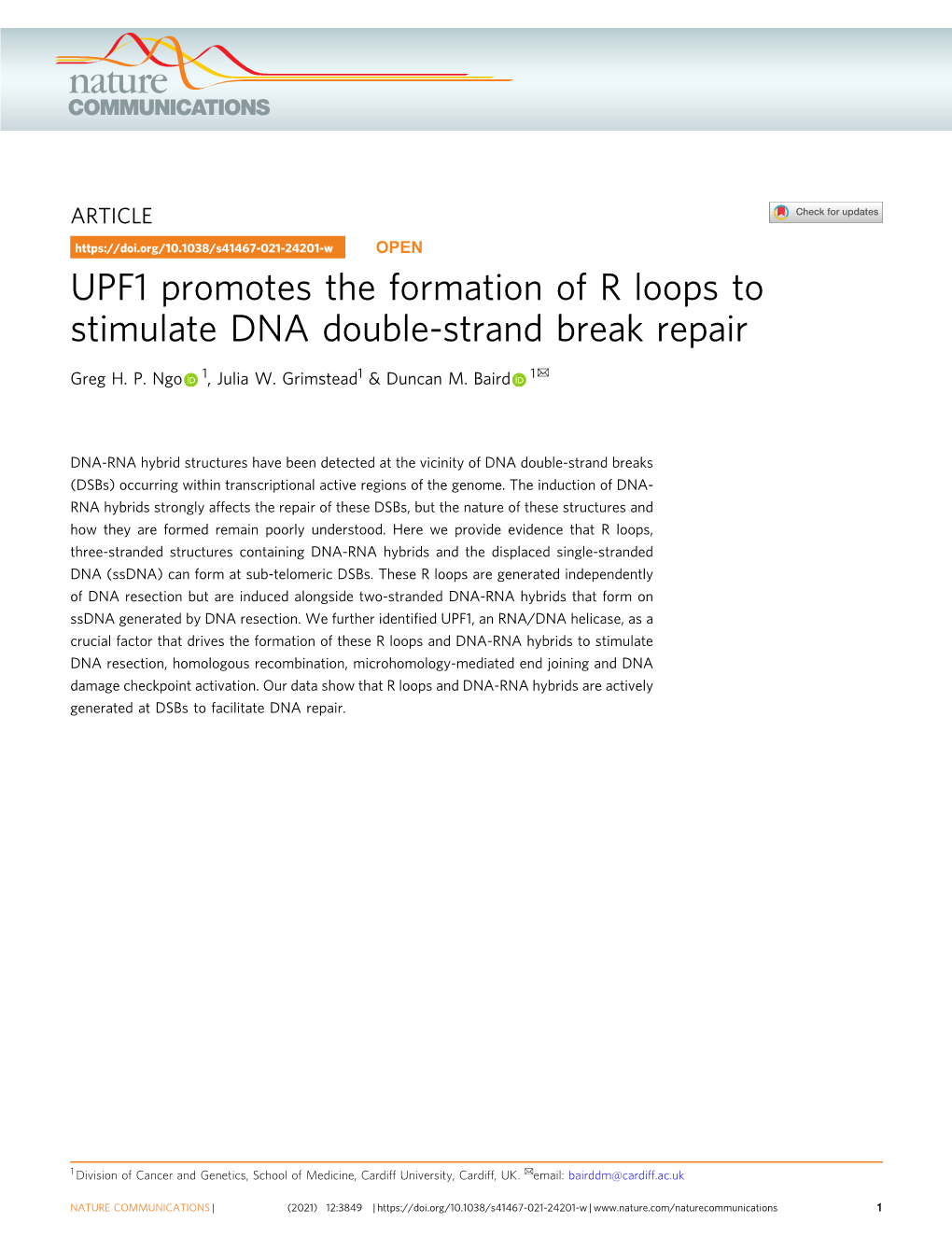 UPF1 Promotes the Formation of R Loops to Stimulate DNA Double-Strand Break Repair ✉ Greg H