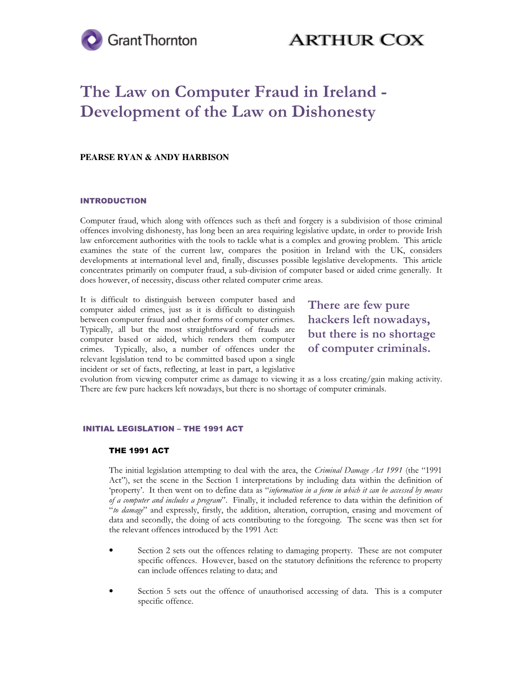 The Law on Computer Fraud in Ireland - Development of the Law on Dishonesty