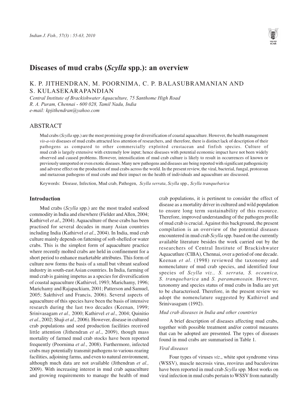 Diseases of Mud Crabs (Scylla Spp.): an Overview