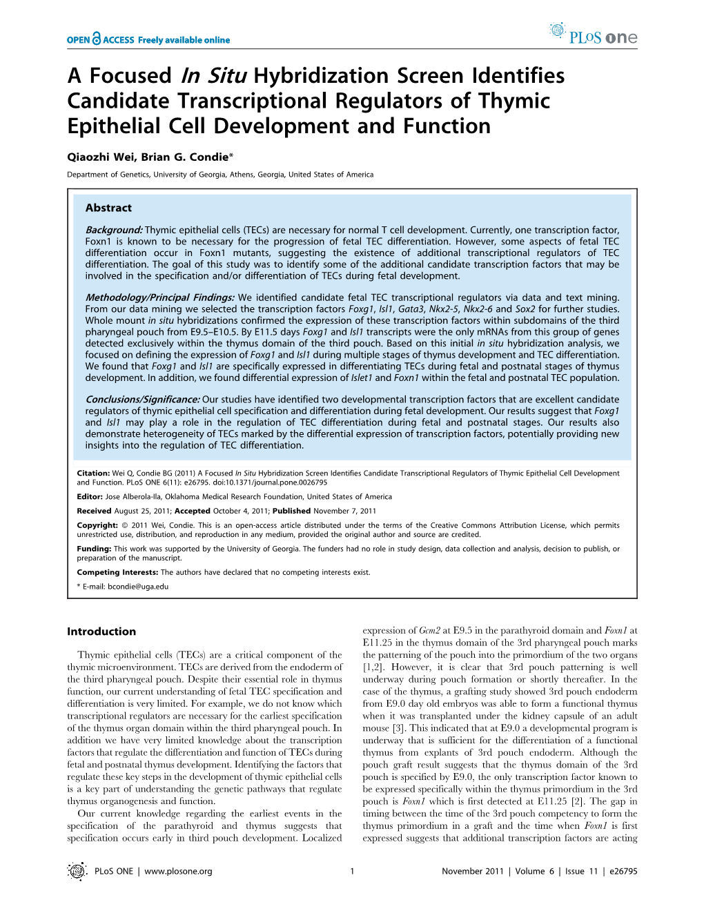 A Focused in Situ Hybridization Screen Identifies Candidate Transcriptional Regulators of Thymic Epithelial Cell Development and Function