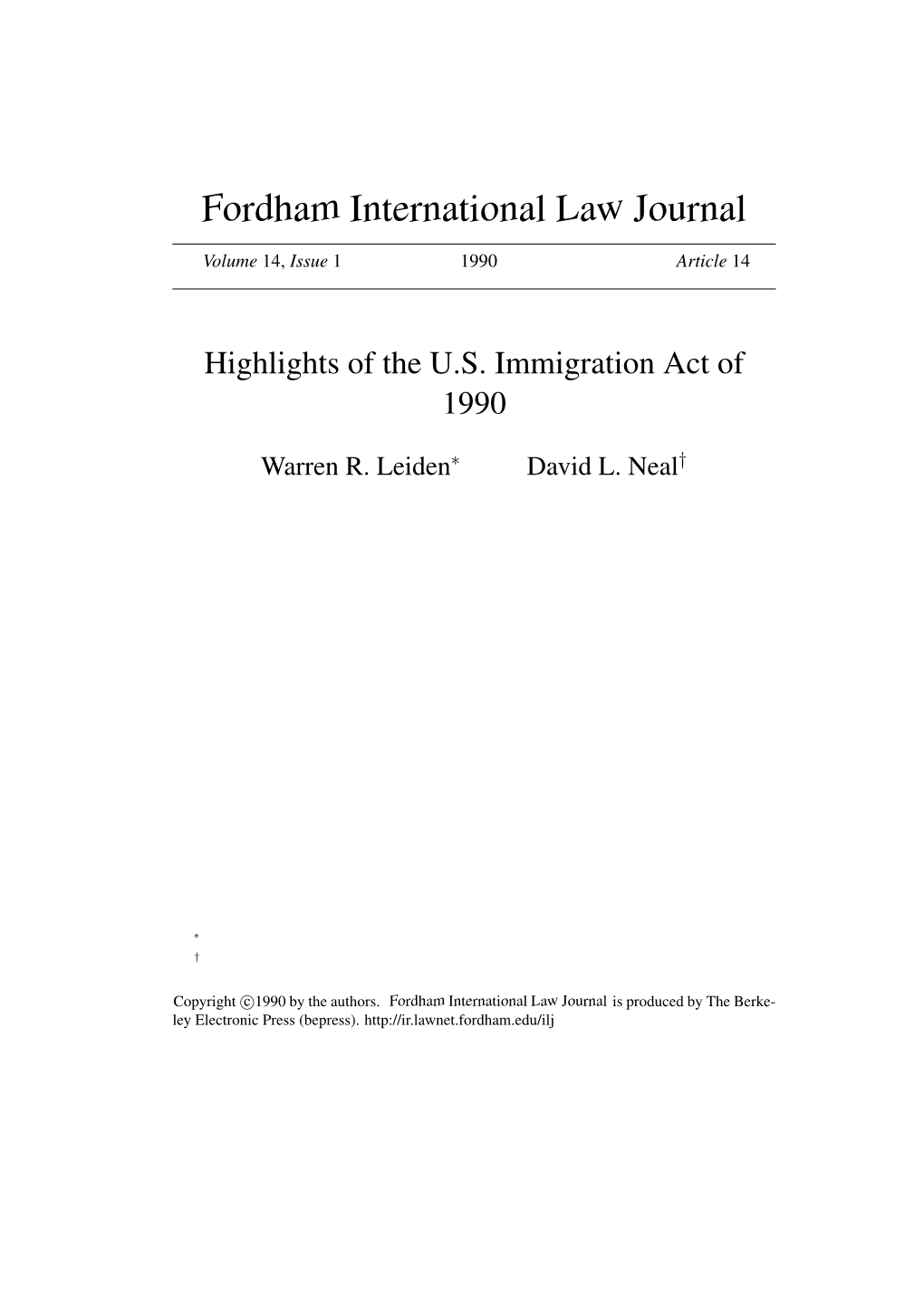 Highlights of the U.S. Immigration Act of 1990