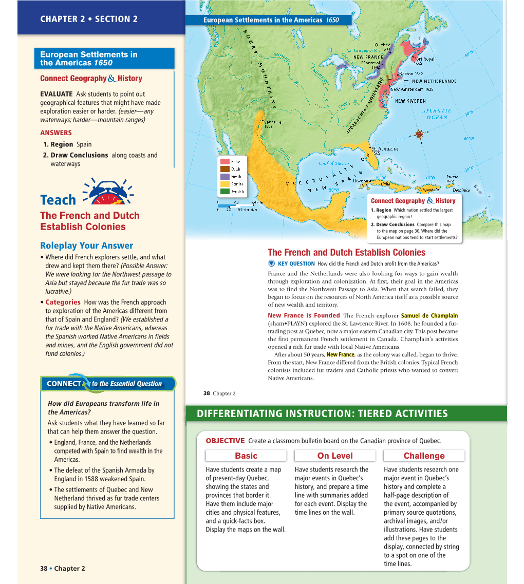 DIFFERENTIATING INSTRUCTION: TIERED ACTIVITIES the French and Dutch Establish Colonies