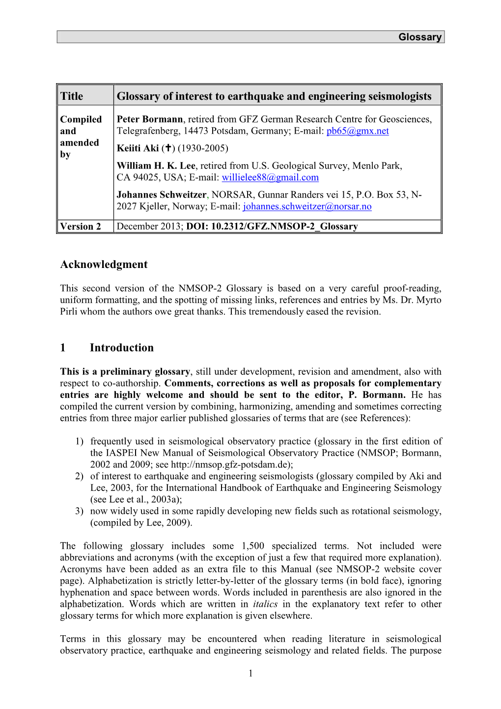 Title Glossary of Interest to Earthquake and Engineering Seismologists