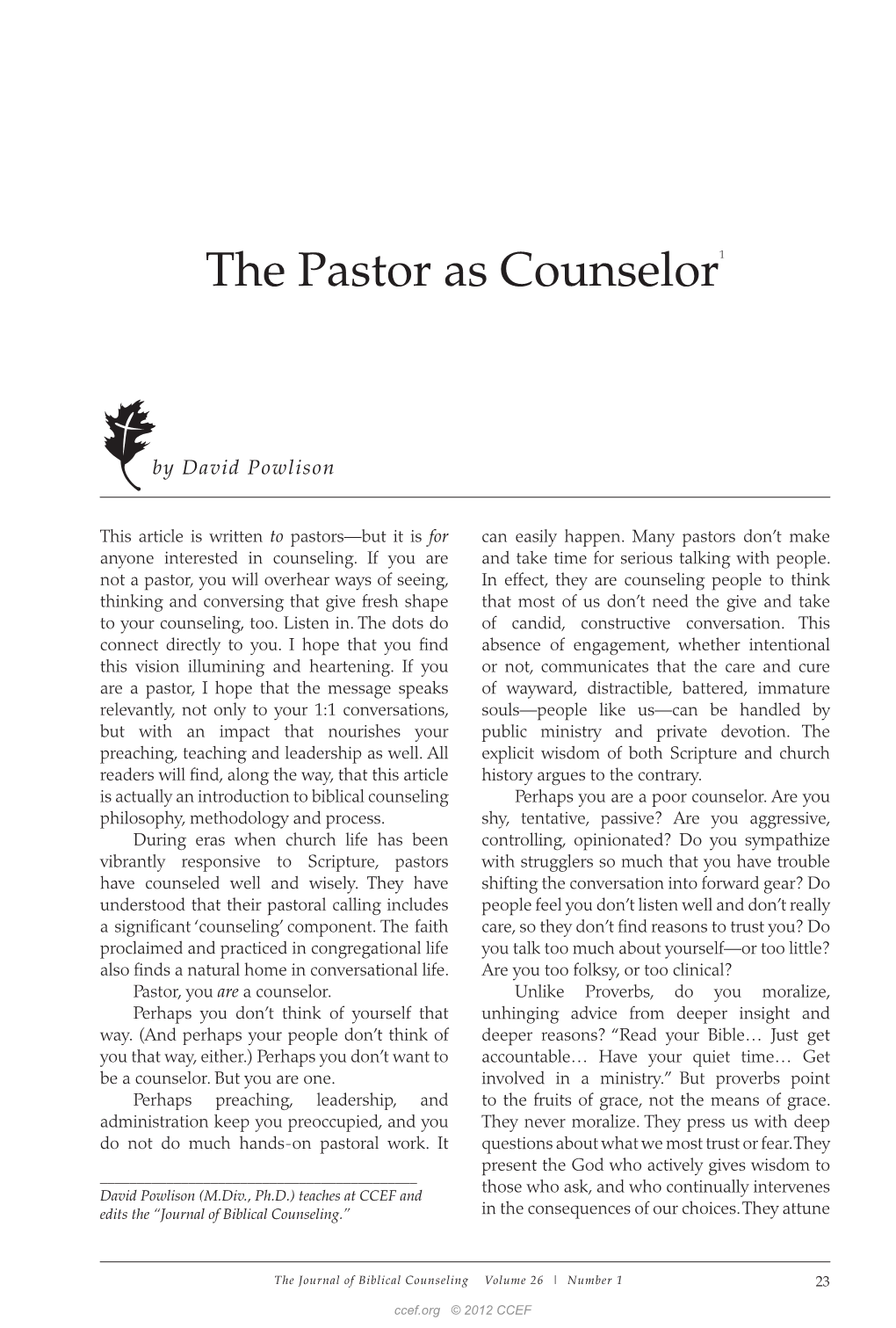 The Pastor As Counselor1