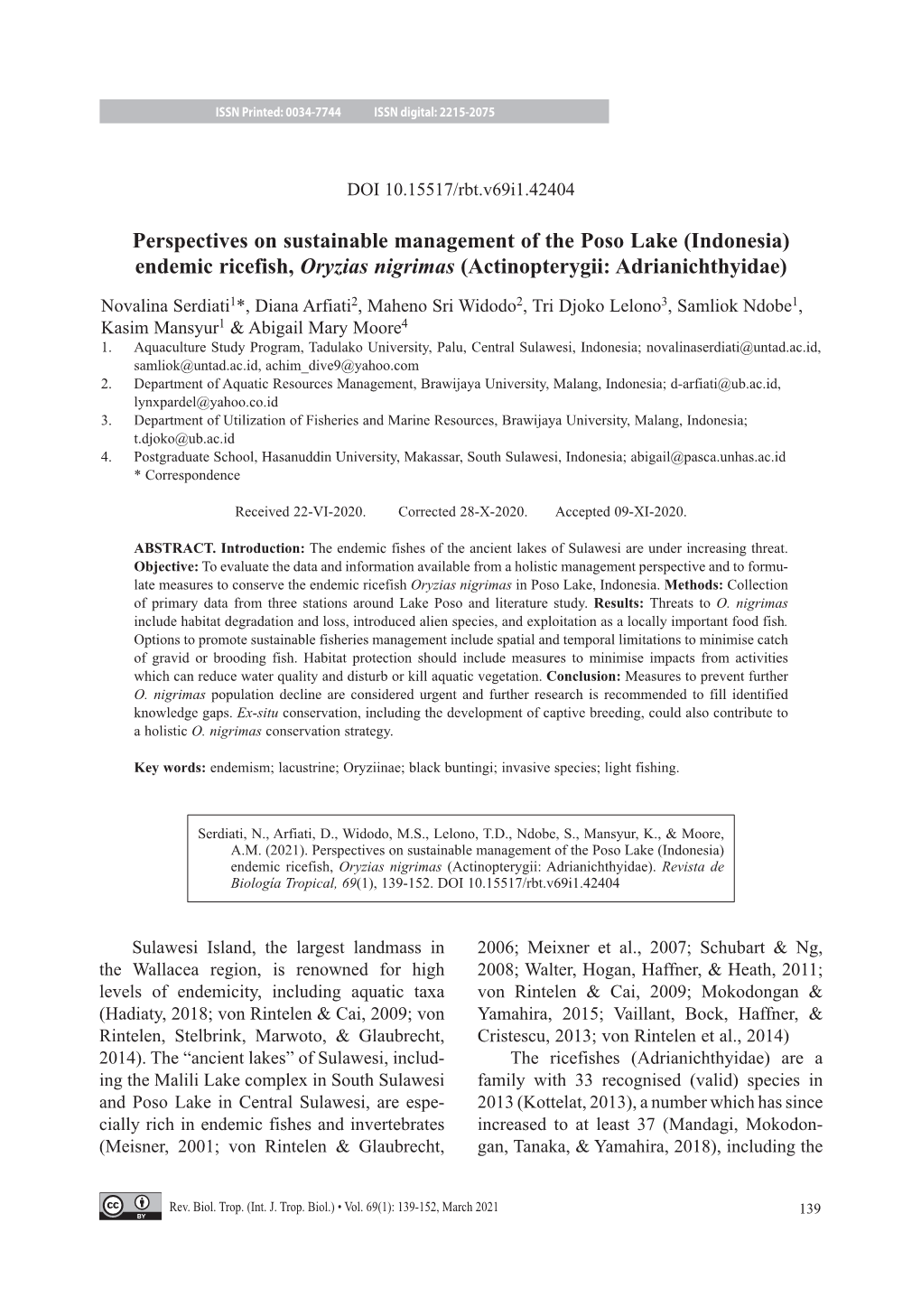 Perspectives on Sustainable Management of the Poso Lake (Indonesia) Endemic Ricefish, Oryzias Nigrimas (Actinopterygii: Adrianichthyidae)