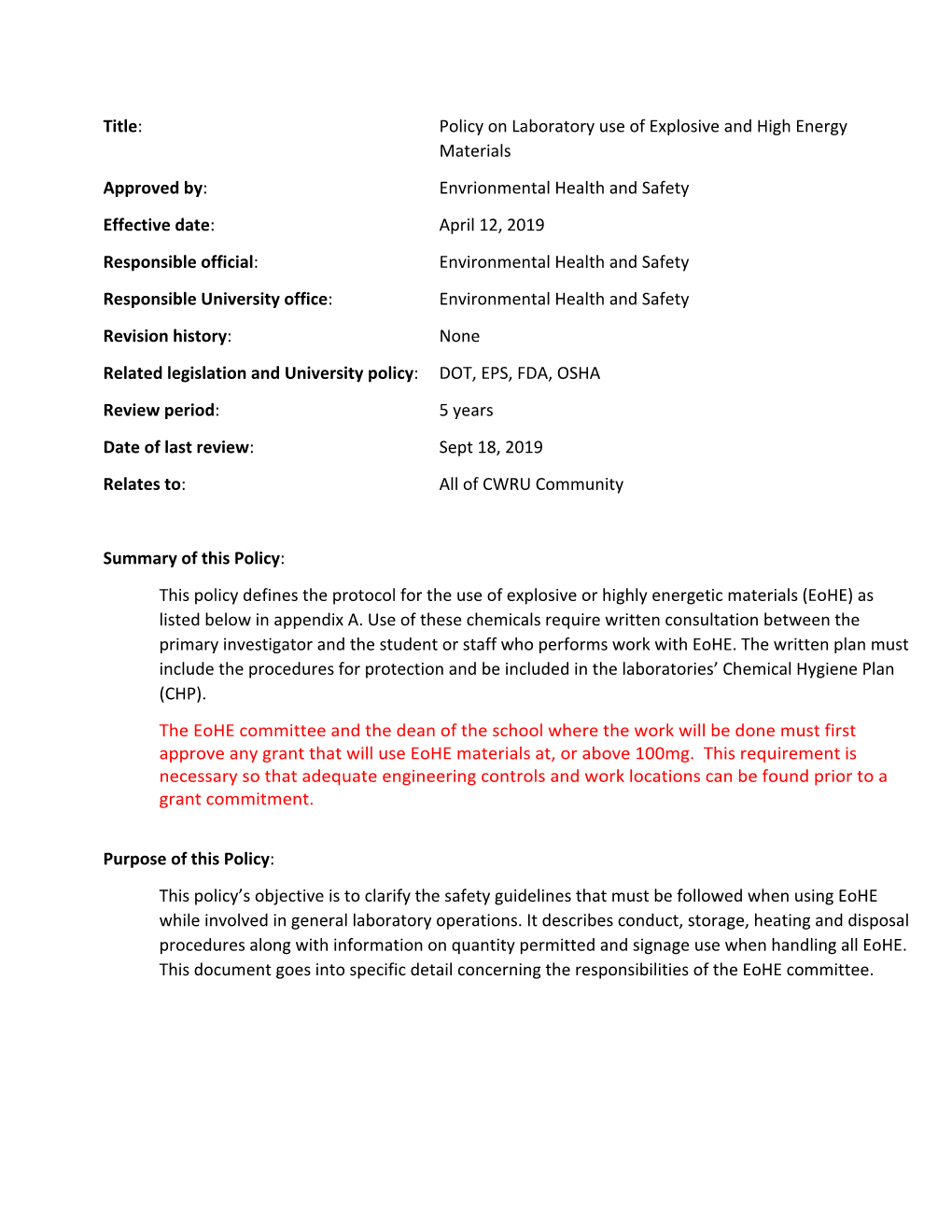 Laboratory Explosive and High Energy Materials Policy